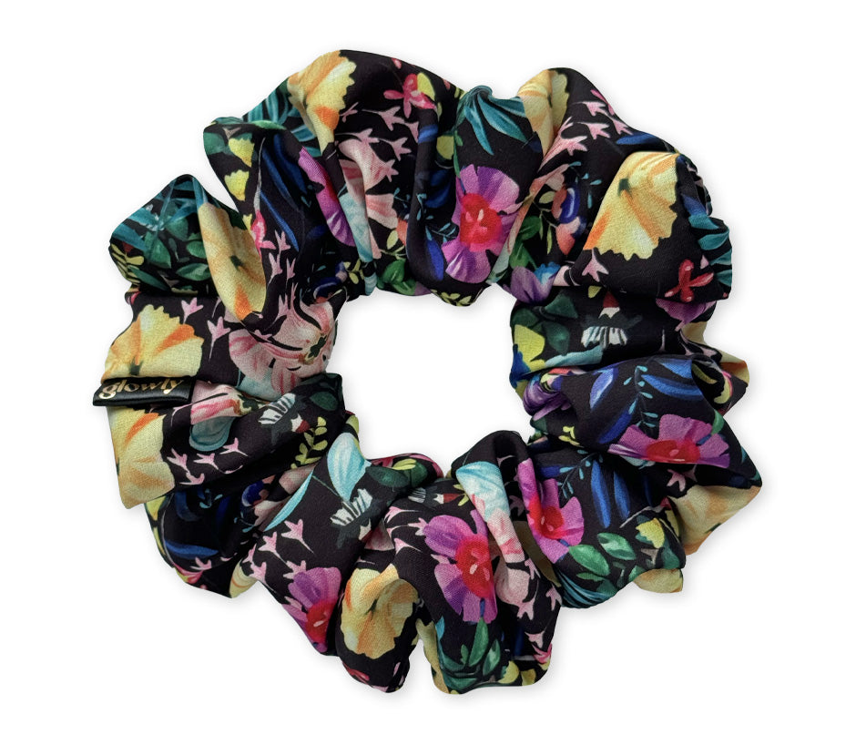 Saténová scrunchie - Floral noir