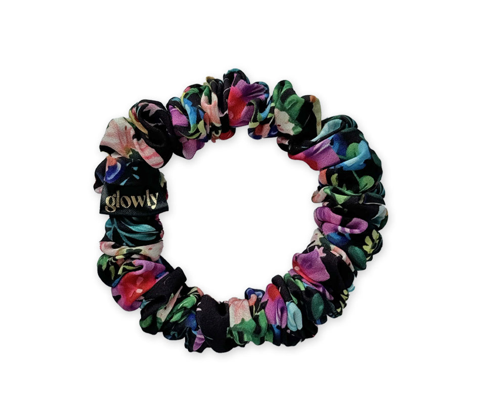 Mini saténová scrunchie - Floral noir